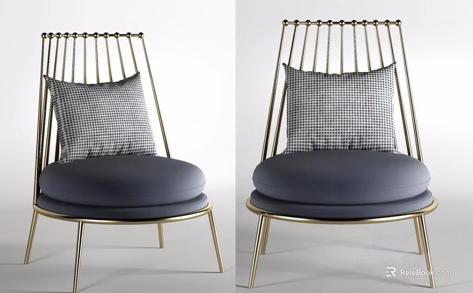Modern Leisure Chair Featuring Gold Vertical Slat Frame Deep Blue Cushion And Gray Checkered Pillow 3d model 