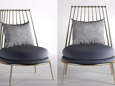 Modern Leisure Chair Featuring Gold Vertical Slat Frame Deep Blue Cushion And Gray Checkered Pillow 3d model