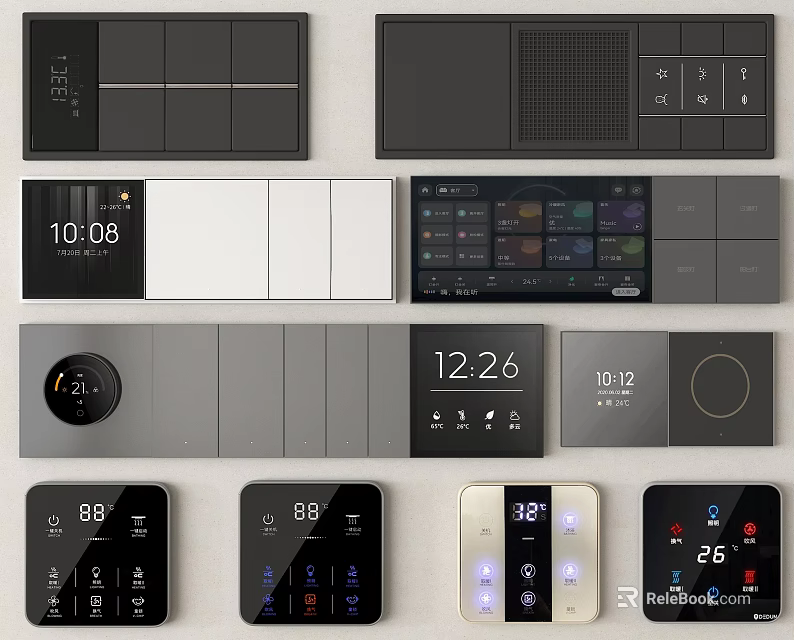 Modern Smart Switch Panels With Digital Displays And Multiple Control Designs 3d model 