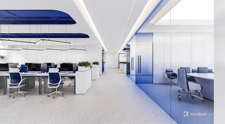 Bright Modern Public Office Space With Open Layout Glass Partitions Office Desks And Potted Plants 3d model 