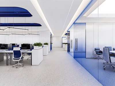 Bright Modern Public Office Space With Open Layout Glass Partitions Office Desks And Potted Plants 3d model