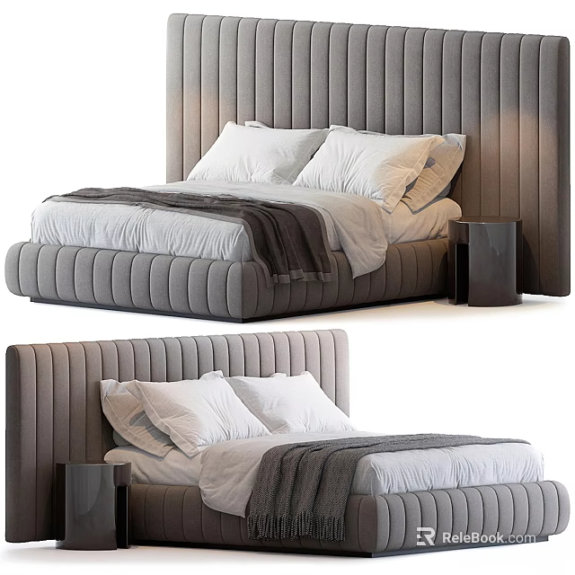Modern Double Bed With Vertical Striped Headboard White Pillows And Black Nightstand 3d model 