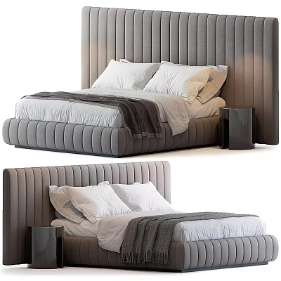 Modern Double Bed With Vertical Striped Headboard White Pillows And Black Nightstand 3d model