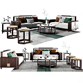 Modern Sofa And Coffee Table Set With Round Table Side Stools Cushions And Green Plants 3d model