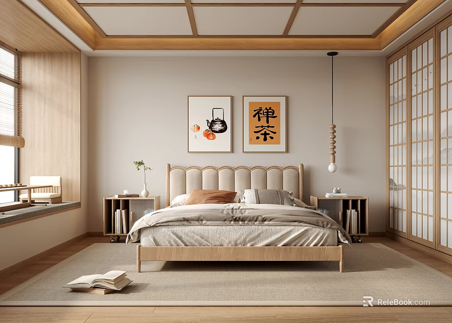 Zen Style Bedroom Interior With Wooden Bed Shoji Doors And Tea Artwork 3d model 