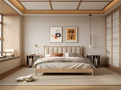 Zen Style Bedroom Interior With Wooden Bed Shoji Doors And Tea Artwork 3d model