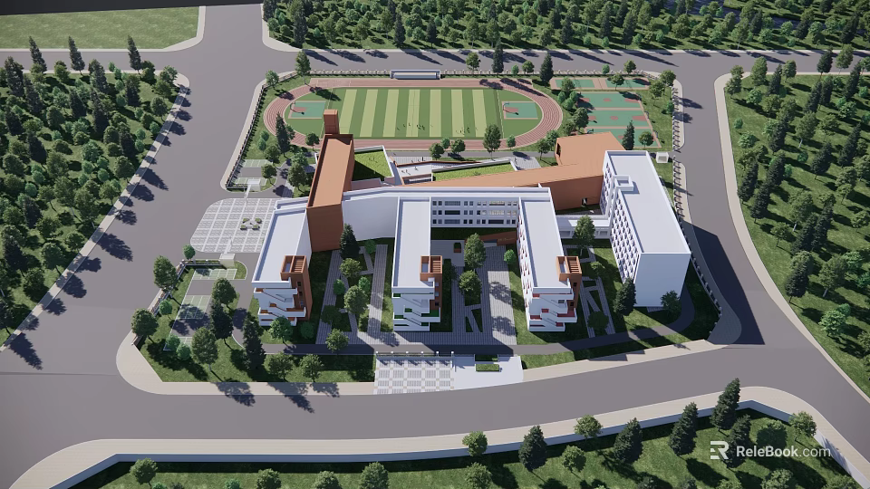 Modern School Buildings With Spacious Campus Surrounded By Greenery And Sports Field 3d model 
