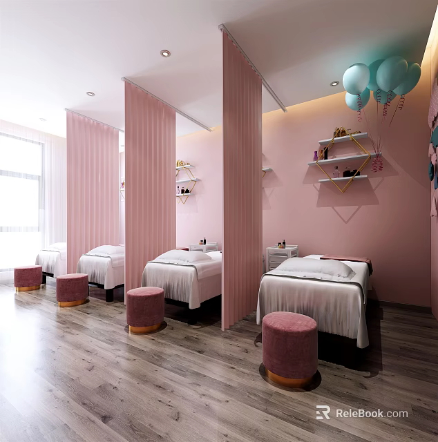 Beauty Hair Salon Interior With Pink Treatment Beds Decorative Shelves And Balloons 3d model 