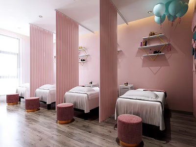 Beauty Hair Salon Interior With Pink Treatment Beds Decorative Shelves And Balloons 3d model