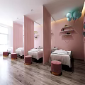 Beauty Hair Salon Interior With Pink Treatment Beds Decorative Shelves And Balloons