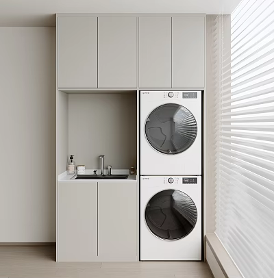 Home Balcony Laundry Space With Stacked Washer Dryer White Cabinets And Small Sink 3d model