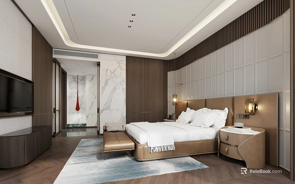 Hotel Room Interior With Wooden Decor Marble Wall And White Bed Sheets 3d model 