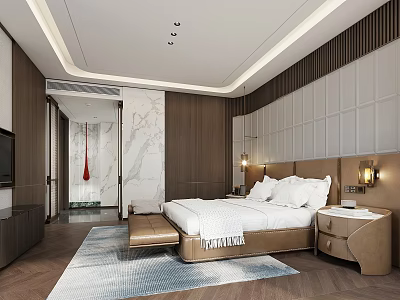 Hotel Room Interior With Wooden Decor Marble Wall And White Bed Sheets 3d model