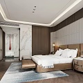 Hotel Room Interior With Wooden Decor Marble Wall And White Bed Sheets