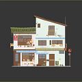 Cartoon Style Japanese Two Story Building With Green Roof Shop Windows And Balcony