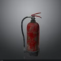 Red Old Fire Extinguisher With Worn Surface And Metal Handle On Gray Background