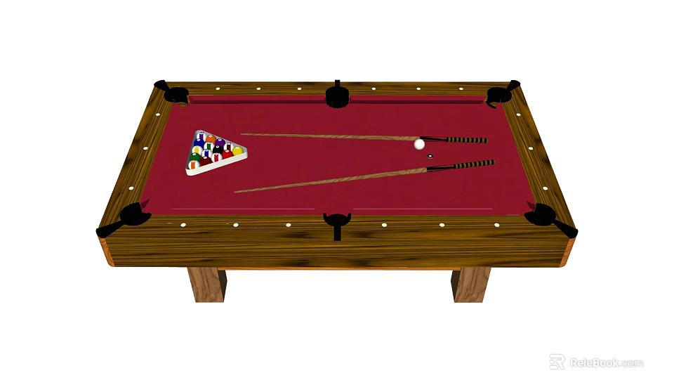 Professional Billiard Table With Red Felt Surface Wooden Frame Balls And Cues 3d model 