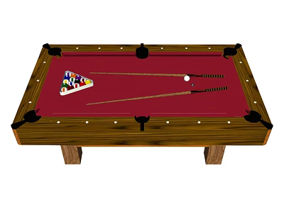 Professional Billiard Table With Red Felt Surface Wooden Frame Balls And Cues 3d model