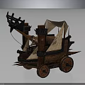 Ancient Military War Vehicle Featuring Wooden Catapult Mechanism Red Wheels And Canvas Canopy