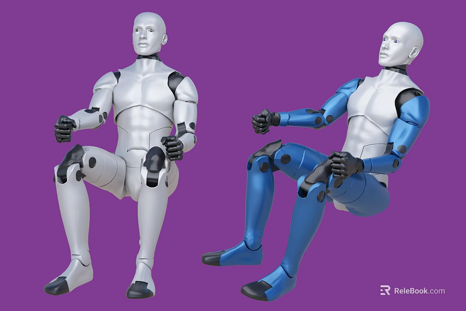 Two Male Robot Models in Silver and Blue Sitting Pose with Mechanical Joints 3d model 