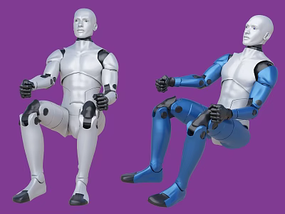 Two Male Robot Models in Silver and Blue Sitting Pose with Mechanical Joints 3d model