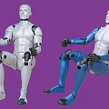 Two Male Robot Models in Silver and Blue Sitting Pose with Mechanical Joints