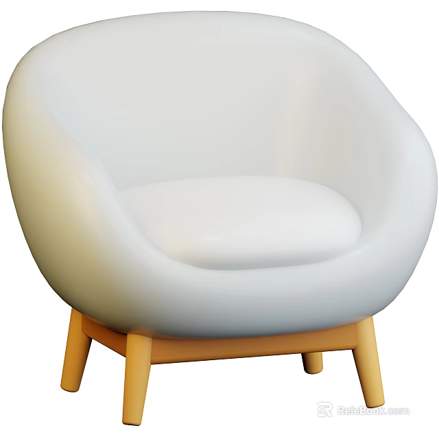 Modern White Upholstered Single Sofa With Round Shape And Wooden Legs Design 3d model 