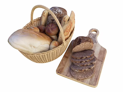 Assorted Fresh Breads In Wicker Basket With Sliced Loaf On Wooden Board 3d model