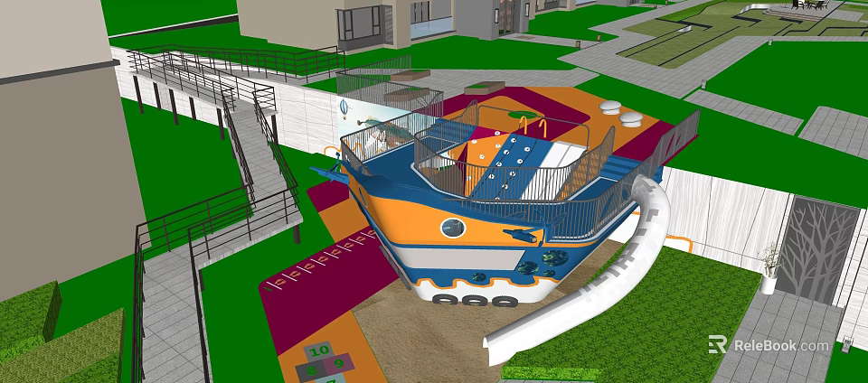 Residential Landscape Featuring Boat Shaped Playground Slide And Colorful Kids Area 3d model 