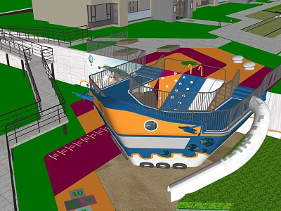 Residential Landscape Featuring Boat Shaped Playground Slide And Colorful Kids Area 3d model