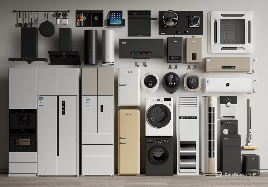 Modern Kitchen Appliances Collection Featuring Refrigerators Ovens Microwaves And Washing Machines 3d model 