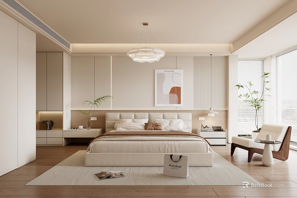 Modern Minimalist Bedroom Interior With King Bed Chandelier Artwork Blinds And Plush Rug 3d model 