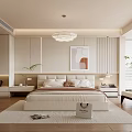 Modern Minimalist Bedroom Interior With King Bed Chandelier Artwork Blinds And Plush Rug