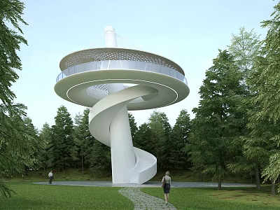 Modern White Spiral Tower Surrounded by Lush Green Trees and Lawn with People Walking 3d model
