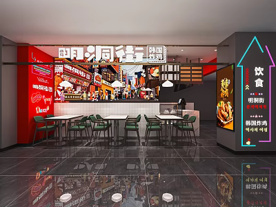 Korean Restaurant Interior With Red Walls Neon Signs Open Counter and Tables 3d model
