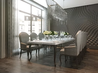 Modern Dining Table Set With Gray Upholstered Chairs Floral Centerpieces And Glassware 3d model