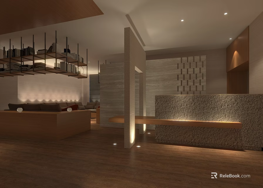 Modern Hotel Lobby Interior Design With Wooden Flooring And Stone Reception Desk 3d model 