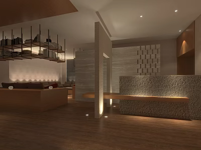 Modern Hotel Lobby Interior Design With Wooden Flooring And Stone Reception Desk 3d model
