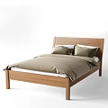 Simple Wooden Frame Double Bed With Brown Comforter And White Pillows 3d model