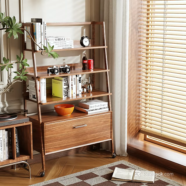 Modern Wooden Storage Shelf With Books Camera Clock Red Canister Orange Bowl And Drawer 3d model 