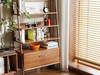 Modern Wooden Storage Shelf With Books Camera Clock Red Canister Orange Bowl And Drawer 3d model