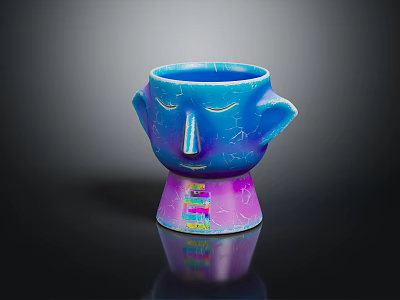 Face Shaped Blue Ceramic Cup With Cracked Texture Purple Base And Colorful Stripes 3d model