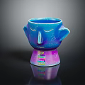 Face Shaped Blue Ceramic Cup With Cracked Texture Purple Base And Colorful Stripes