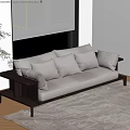 Light Gray Three Seater Sofa With Cushions Dark Wooden Frame On Rug Near Window Blinds