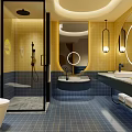Hotel Bathroom Interior With Yellow Blue Tiles Glass Shower Double Vanities Round Mirrors