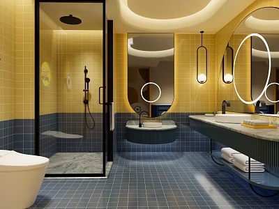 Hotel Bathroom Interior With Yellow Blue Tiles Glass Shower Double Vanities Round Mirrors 3d model