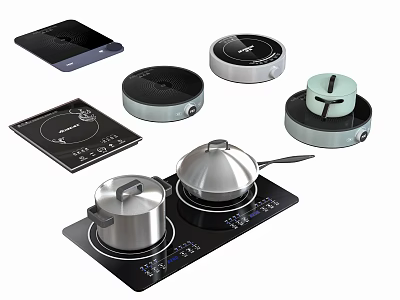 Various Styles Of Kitchen Appliances With Induction Cooktops And Stainless Steel Pots 3d model