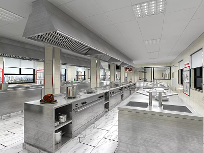 Commercial Restaurant Kitchen Interior With Stainless Steel Worktables Range Hoods And Cabinets 3d model