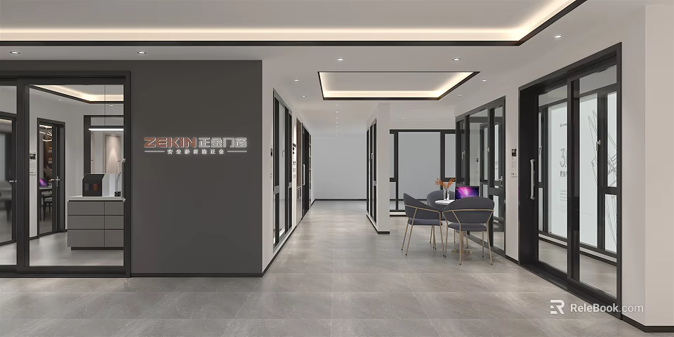 Modern Door Showroom Interior With Glass Doors Display And Furniture 3d model 