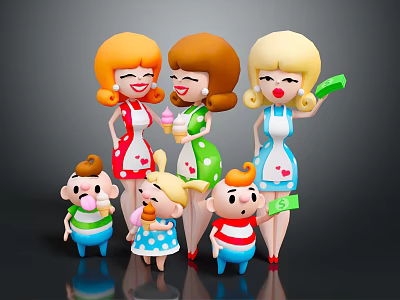 Happy Cartoon Game and Movie Characters With Female Aprons Holding Ice Cream and Children 3d model